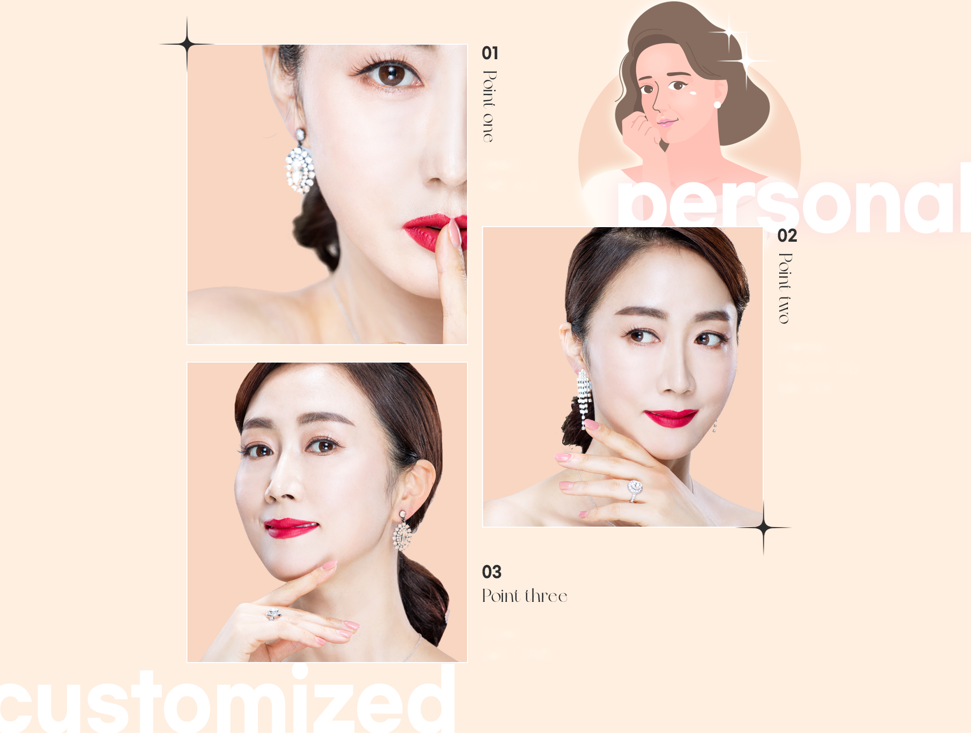 Collage thiết kế dáng mắt cá nhân hóa gồm ảnh ba người mẫu và minh họa khuôn mặt